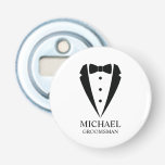 Black Wedding Tuxedo Suit Personalized Groomsmen Bottle Opener<br><div class="desc">Make Your Wedding Unforgettable – Add a personal touch with a custom groomsmen gift
featuring a black tuxedo suit and bow tie illustration with a personalized groomsman's name and title in a classic serif font.

 A perfect keepsake for your groomsmen,  best man,  father of the bride,  and more!</div>