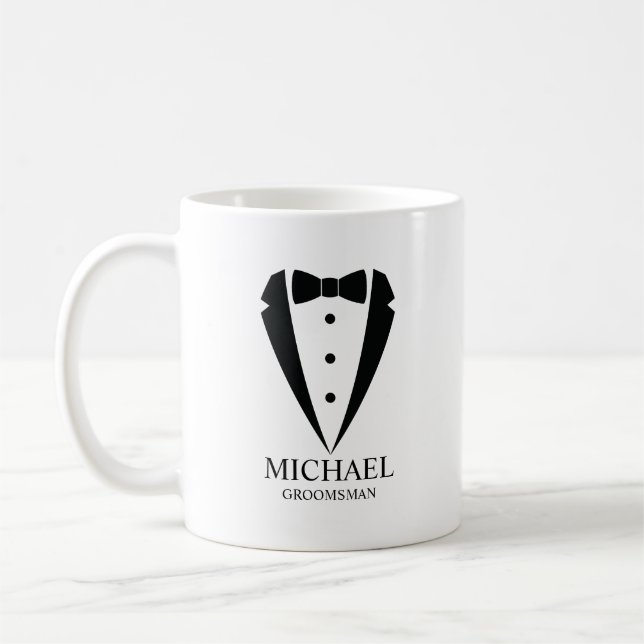 Black Wedding Tuxedo Suit Personalized Groomsmen Coffee Mug (Left)