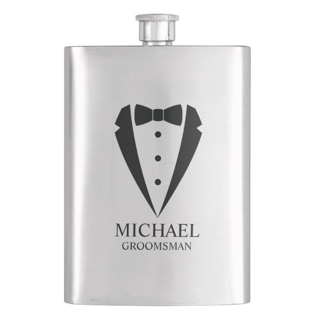 Black Wedding Tuxedo Suit Personalized Groomsmen Flask (Front)