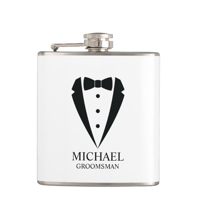 Black Wedding Tuxedo Suit Personalized Groomsmen Flask (Front)