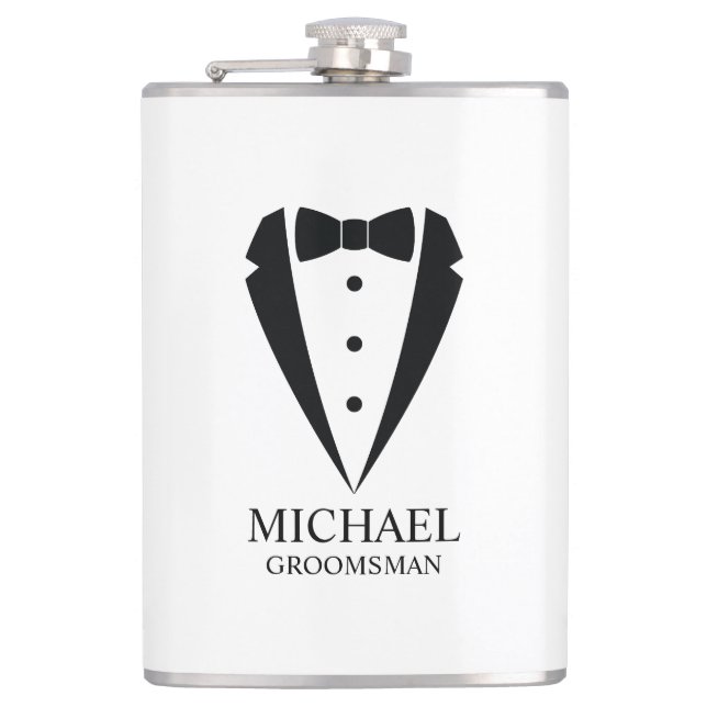Black Wedding Tuxedo Suit Personalized Groomsmen Flask (Front)