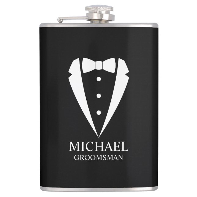 Black Wedding Tuxedo Suit Personalized Groomsmen Flask (Front)