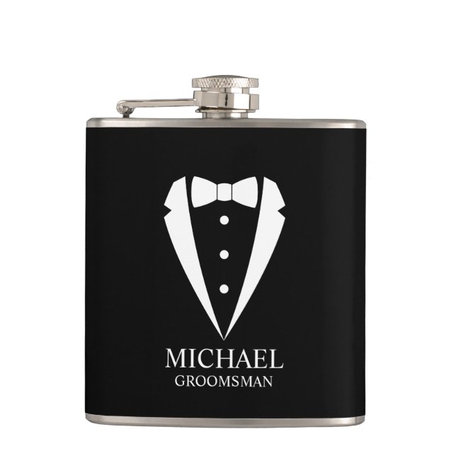 Black Wedding Tuxedo Suit Personalized Groomsmen Flask (Front)