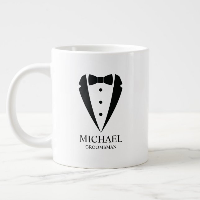 Black Wedding Tuxedo Suit Personalized Groomsmen Giant Coffee Mug (Left)