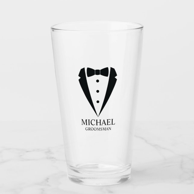 Black Wedding Tuxedo Suit Personalized Groomsmen Glass (Front)