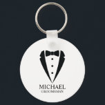 Black Wedding Tuxedo Suit Personalized Groomsmen Keychain<br><div class="desc">Make Your Wedding Unforgettable – Add a personal touch with a custom groomsmen gift
featuring a black tuxedo suit and bow tie illustration with a personalized groomsman's name and title in a classic serif font.

 A perfect keepsake for your groomsmen,  best man,  father of the bride,  and more!</div>
