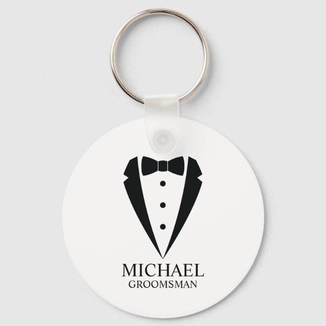Black Wedding Tuxedo Suit Personalized Groomsmen Keychain (Front)