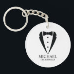 Black Wedding Tuxedo Suit Personalized Groomsmen Keychain<br><div class="desc">Make Your Wedding Unforgettable – Add a personal touch with a custom groomsmen gift
featuring a black tuxedo suit and bow tie illustration with a personalized groomsman's name and title in a classic serif font.

 A perfect keepsake for your groomsmen,  best man,  father of the bride,  and more!</div>