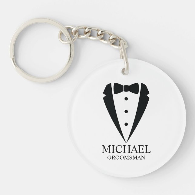 Black Wedding Tuxedo Suit Personalized Groomsmen Keychain (Front)