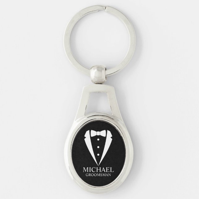 Black Wedding Tuxedo Suit Personalized Groomsmen Keychain (Front)