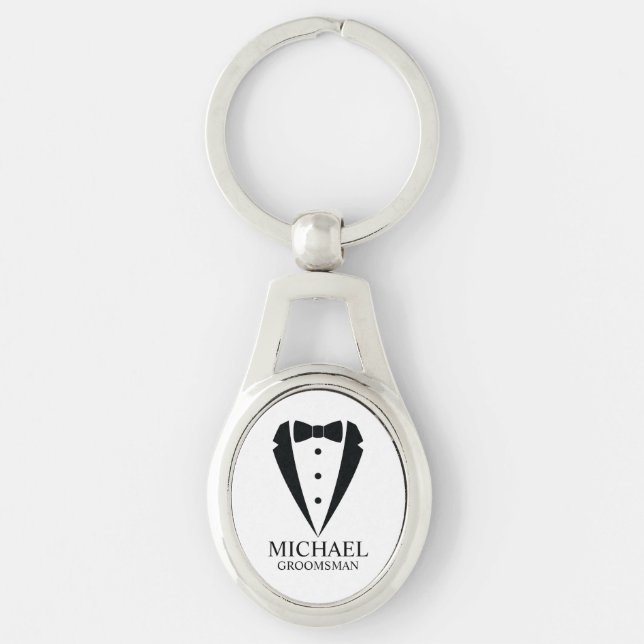 Black Wedding Tuxedo Suit Personalized Groomsmen Keychain (Front)