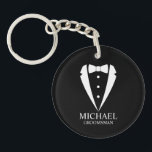 Black Wedding Tuxedo Suit Personalized Groomsmen Keychain<br><div class="desc">Make Your Wedding Unforgettable – Add a personal touch with a custom groomsmen gift
featuring a tuxedo suit and bow tie illustration with a personalized groomsman's name and title in a classic serif font.

 A perfect keepsake for your groomsmen,  best man,  father of the bride,  and more!</div>