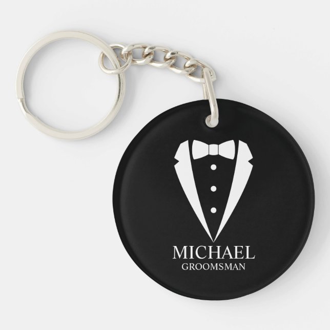Black Wedding Tuxedo Suit Personalized Groomsmen Keychain (Front)