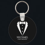 Black Wedding Tuxedo Suit Personalized Groomsmen Keychain<br><div class="desc">Make Your Wedding Unforgettable – Add a personal touch with a custom groomsmen gift
featuring a tuxedo suit and bow tie illustration with a personalized groomsman's name and title in a classic serif font.

 A perfect keepsake for your groomsmen,  best man,  father of the bride,  and more!</div>