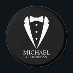 Black Wedding Tuxedo Suit Personalized Groomsmen Magnet<br><div class="desc">Make Your Wedding Unforgettable – Add a personal touch with a custom groomsmen gift
featuring a tuxedo suit and bow tie illustration with a personalized groomsman's name and title in a classic serif font.

 A perfect keepsake for your groomsmen,  best man,  father of the bride,  and more!</div>