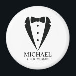 Black Wedding Tuxedo Suit Personalized Groomsmen Magnet<br><div class="desc">Make Your Wedding Unforgettable – Add a personal touch with a custom groomsmen gift
featuring a black tuxedo suit and bow tie illustration with a personalized groomsman's name and title in a classic serif font.

 A perfect keepsake for your groomsmen,  best man,  father of the bride,  and more!</div>