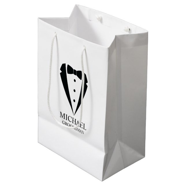 Black Wedding Tuxedo Suit Personalized Groomsmen Medium Gift Bag (Front Angled)