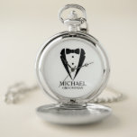 Black Wedding Tuxedo Suit Personalized Groomsmen Pocket Watch<br><div class="desc">Make Your Wedding Unforgettable – Add a personal touch with a custom groomsmen gift
featuring a black tuxedo suit and bow tie illustration with a personalized groomsman's name and title in a classic serif font.

 A perfect keepsake for your groomsmen,  best man,  father of the bride,  and more!</div>