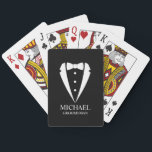 Black Wedding Tuxedo Suit Personalized Groomsmen Poker Cards<br><div class="desc">Make Your Wedding Unforgettable – Add a personal touch with a custom groomsmen gift
featuring a tuxedo suit and bow tie illustration with a personalized groomsman's name and title in a classic serif font.

 A perfect keepsake for your groomsmen,  best man,  father of the bride,  and more!</div>