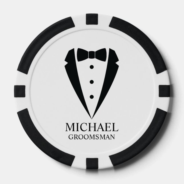 Black Wedding Tuxedo Suit Personalized Groomsmen Poker Chips (Front)