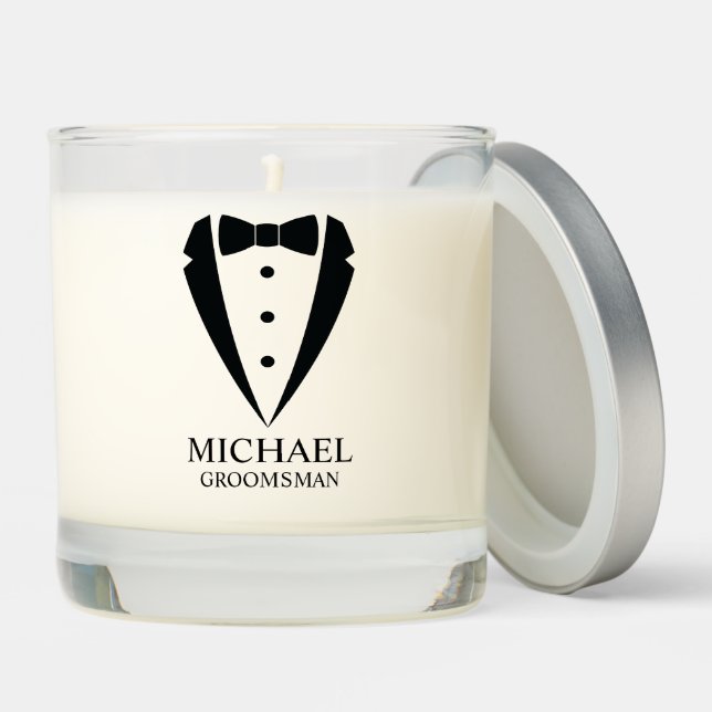 Black Wedding Tuxedo Suit Personalized Groomsmen Scented Candle (Lid)