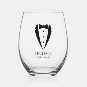 Black Wedding Tuxedo Suit Personalized Groomsmen Stemless Wine Glass