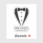 Black Wedding Tuxedo Suit Personalized Groomsmen Sticker<br><div class="desc">Make Your Wedding Unforgettable – Add a personal touch with a custom groomsmen gift
featuring a black tuxedo suit and bow tie illustration with a personalized groomsman's name and title in a classic serif font.

 A perfect keepsake for your groomsmen,  best man,  father of the bride,  and more!</div>