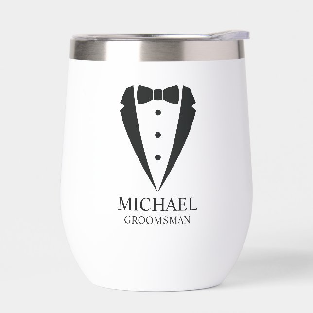 Black Wedding Tuxedo Suit Personalized Groomsmen Thermal Wine Tumbler (Left)