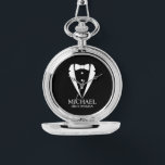Black Wedding Tuxedo Suit Personalized Groomsmen Watch<br><div class="desc">Make Your Wedding Unforgettable – Add a personal touch with a custom groomsmen gift
featuring a tuxedo suit and bow tie illustration with a personalized groomsman's name and title in a classic serif font.

 A perfect keepsake for your groomsmen,  best man,  father of the bride,  and more!</div>