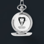 Black Wedding Tuxedo Suit Personalized Groomsmen Watch<br><div class="desc">Make Your Wedding Unforgettable – Add a personal touch with a custom groomsmen gift
featuring a black tuxedo suit and bow tie illustration with a personalized groomsman's name and title in a classic serif font.

 A perfect keepsake for your groomsmen,  best man,  father of the bride,  and more!</div>