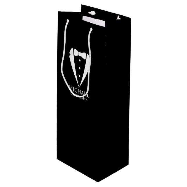 Black Wedding Tuxedo Suit Personalized Groomsmen Wine Gift Bag (Front Angled)