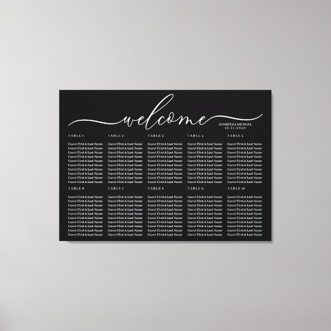 Black Wedding Welcome Seating Table Numbers Canvas Print (Front)