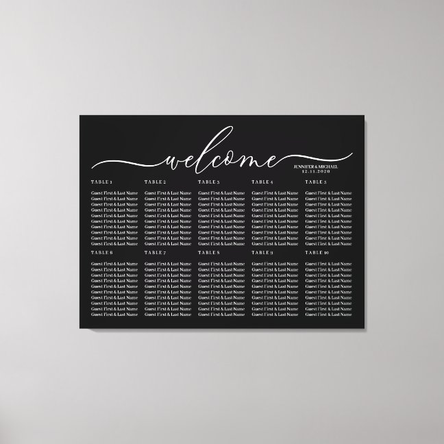 Black Wedding Welcome Seating Table Numbers Canvas Print