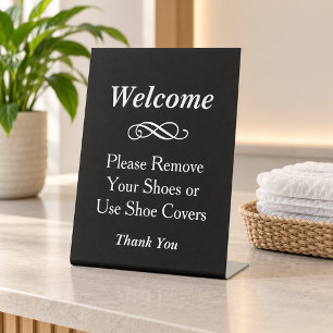 Black Welcome Remove Shoes Covers Pedestal Sign
