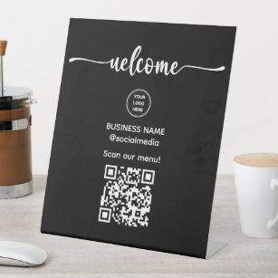 Black Welcome Sign With QR Code For Menu Sign