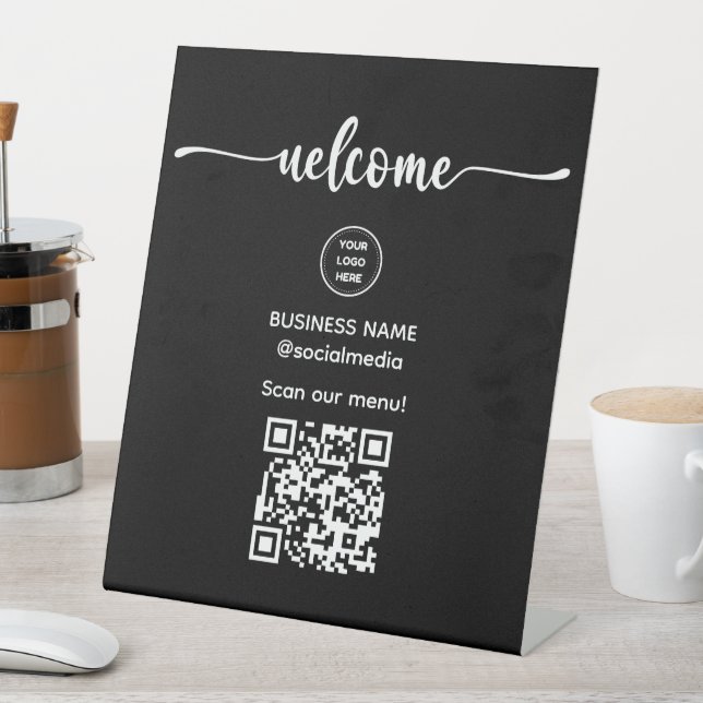 Black Welcome Sign With QR Code For Menu Sign (In SItu)