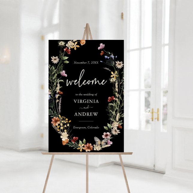 Black Welcome Wedding Foam Board (Black Boho Watercolor Floral Welcome Sign Wedding Foam Board by Painted Paperie
)