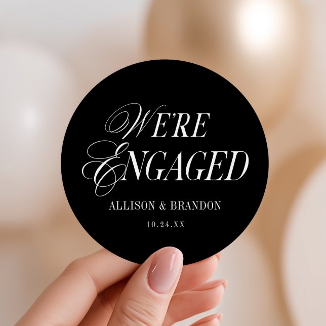 Black We're Engaged Engagement Party Favors Classic Round Sticker (Creator Uploaded)