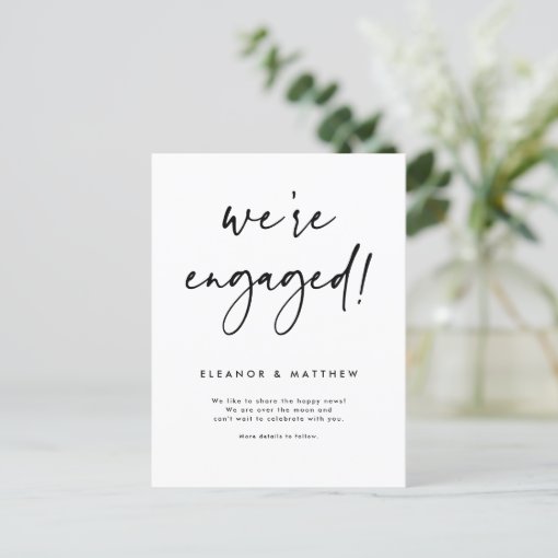 Black We're Engaged Hand Lettering Engagement Announcement Postcard ...