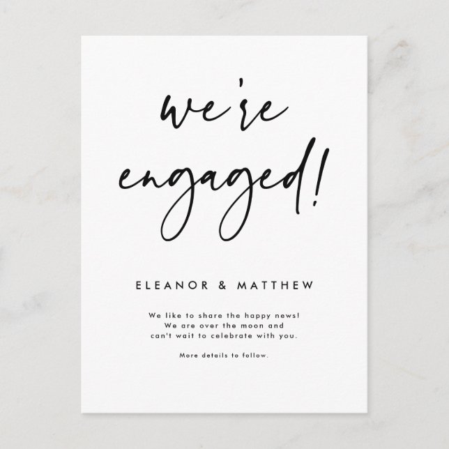 Black We're Engaged Hand Lettering Engagement Announcement Postcard (Front)