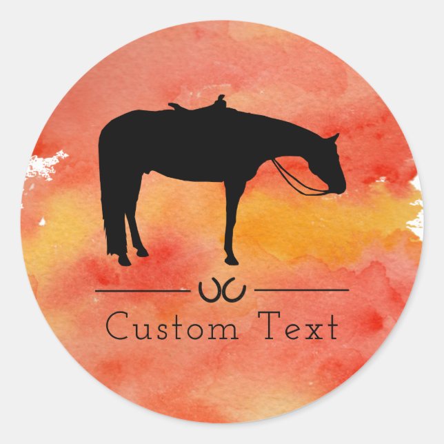 Black Western Horse Silhouette on Watercolor Classic Round Sticker (Front)