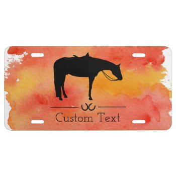 Black Western Horse Silhouette On Watercolor License Plate by PandaCatGallery at Zazzle