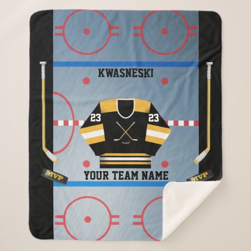 Black Wh  Gold Ice Hockey Rink  Player Jersey Sherpa Blanket