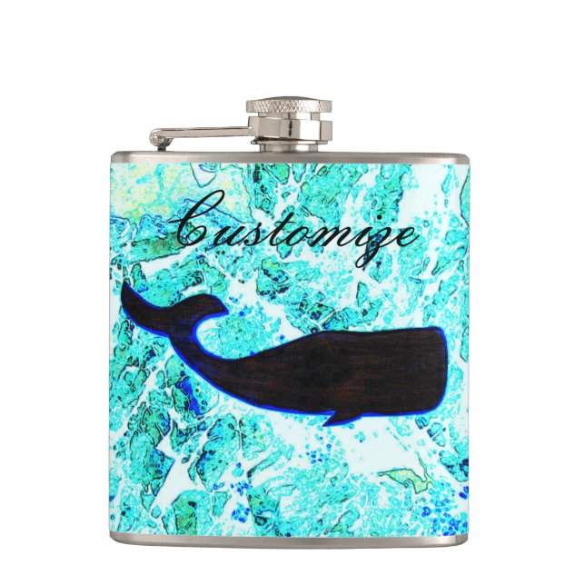 black whale swimming blue hip flask (Front)
