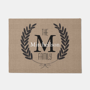 Black Wheat Laurels Burlap - Personalized Doormat