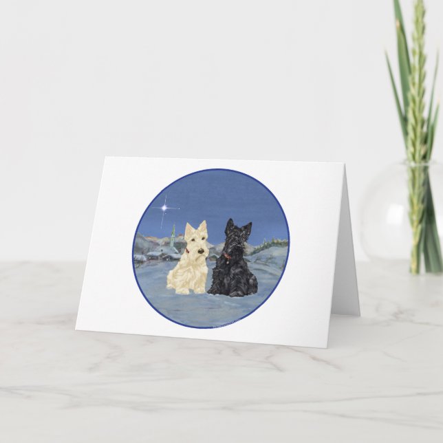 Black & Wheaten Scottish Terriers Winter Holiday Card (Front)