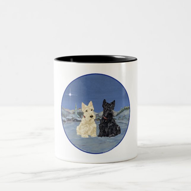 Black & Wheaten Scottish Terriers Winter Two-Tone Coffee Mug (Center)