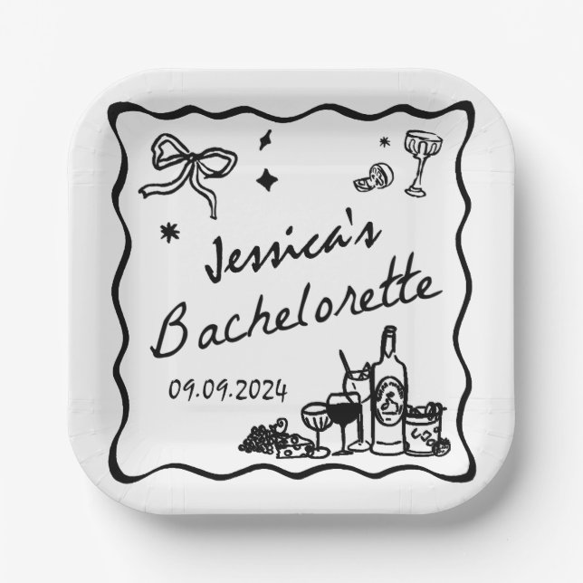 Black Whimsical Beach Bachelorette Party Paper Plates (Front)