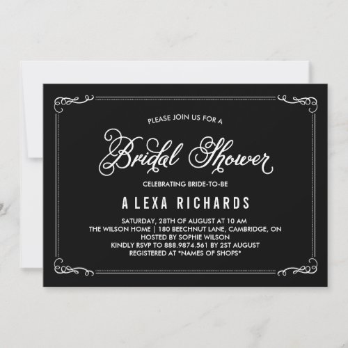 Black Whimsical Borders Bridal Shower Invitation