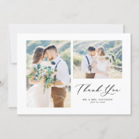 Black Whimsical Calligraphy Photo Collage Wedding Thank You Card